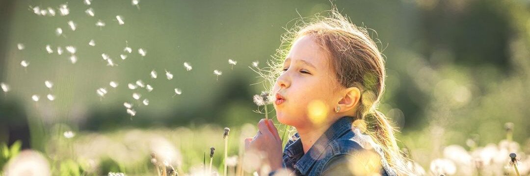 Mädchen bläst Pusteblume auf einer Wiese